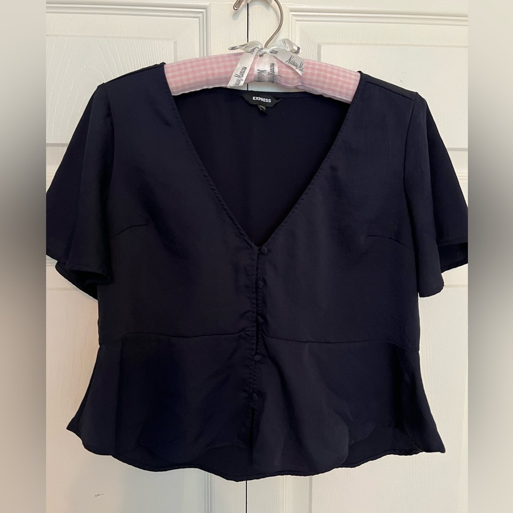 Express Button Front Flutter Sleeve Navy Blue Peplum Top-Size XS - Picture 2 of 8